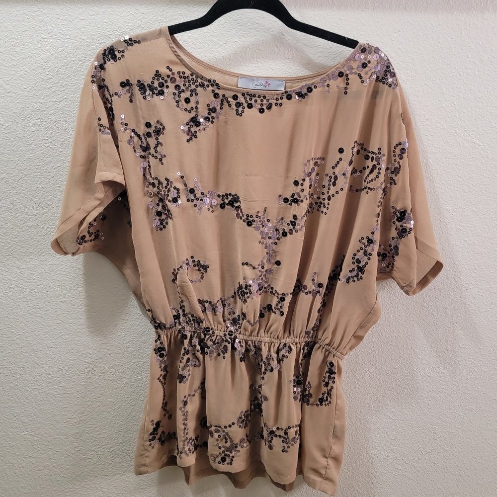Eunishop Tan Sheer Sequin Top Size Small